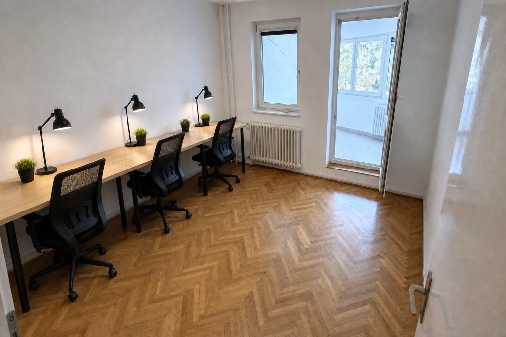 Radna zona sa tri radna mesta, lampama i biljkama